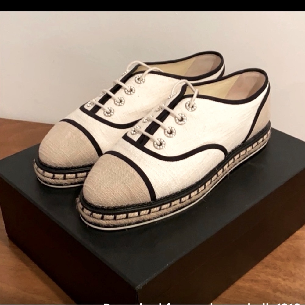 CHANEL White and Beige Espadrille Lace-Up Sneakers